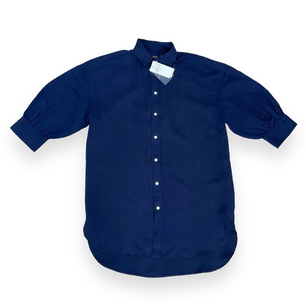 Polo Ralph Lauren Shirt Women Small Blue Puff Sleeve Tunic Button Linen NWT $198